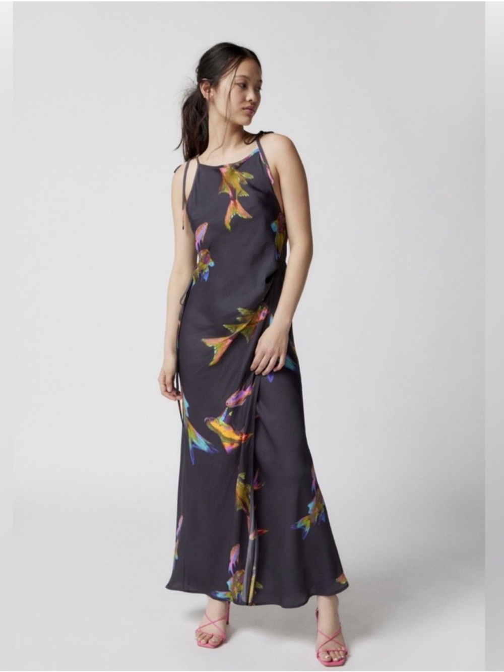 NWT UO Margo Satin Slip Dress Size Small Rainbow Fish